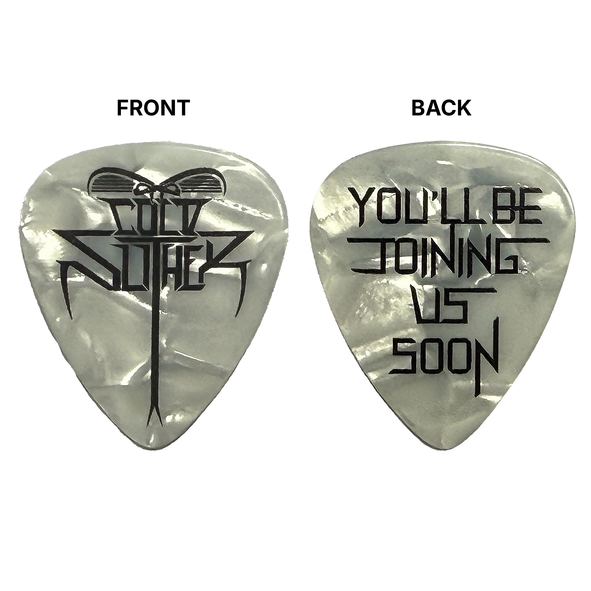 Guitar pick with logo on one side and text on the other, on a white background.