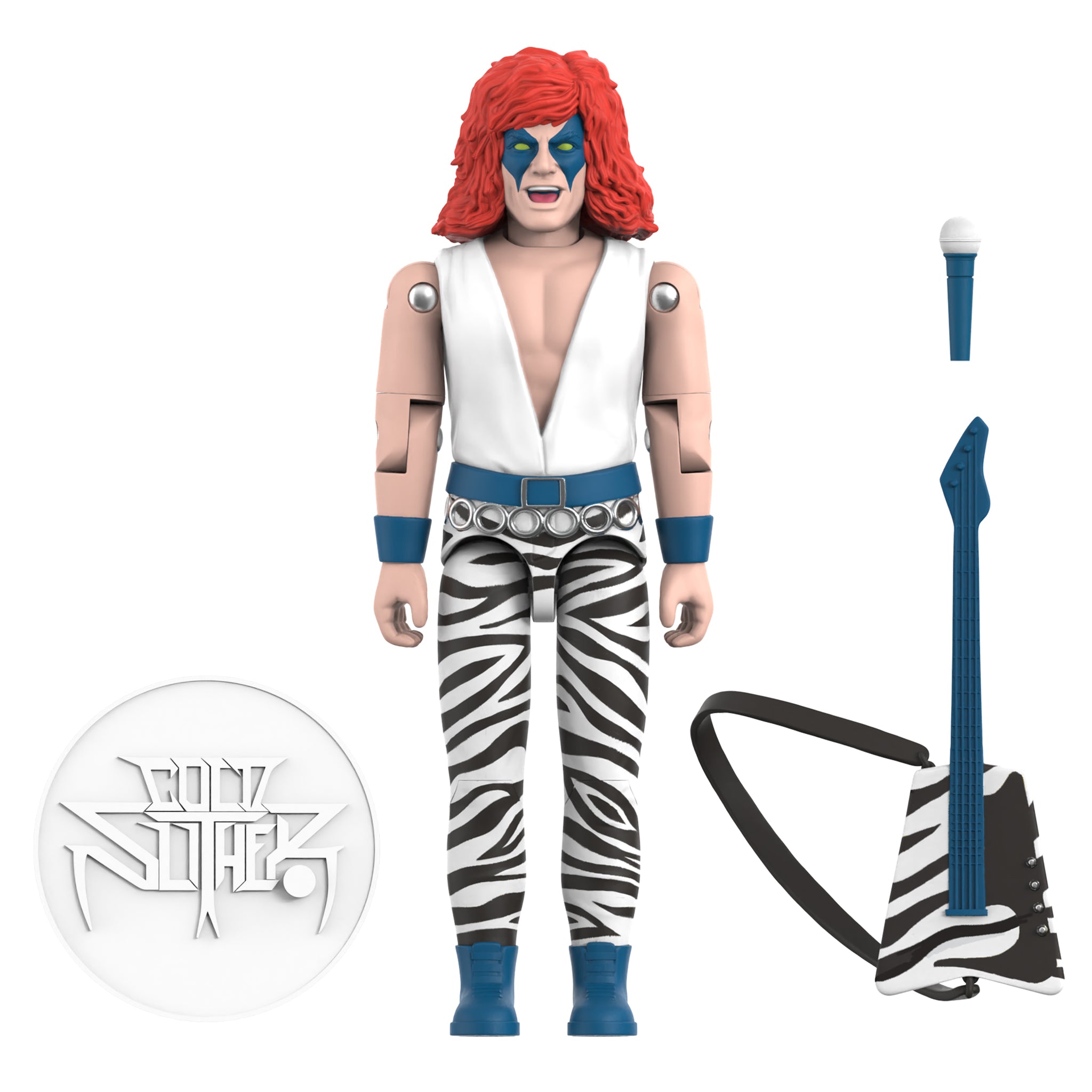 Action figure with red hair, white shirt, zebra-striped pants, and guitar on a white background