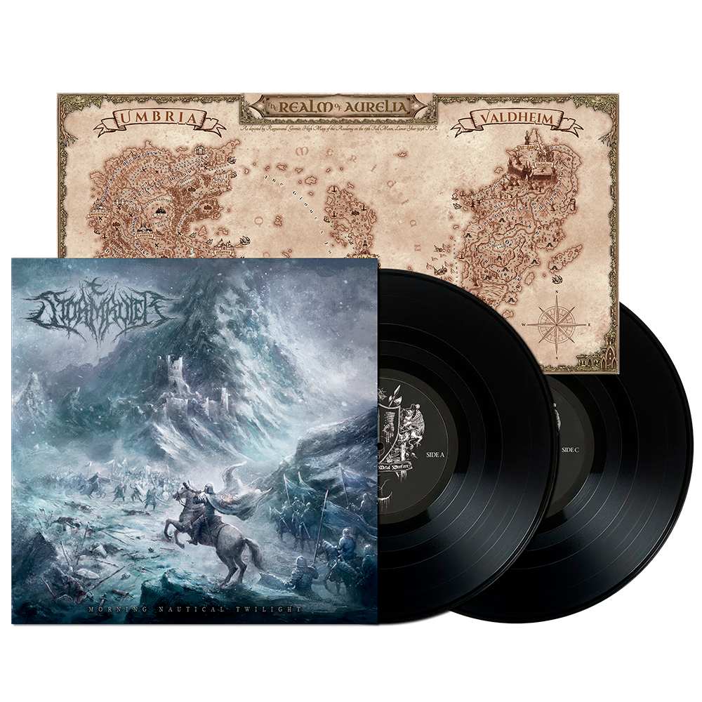 Stormruler release 'The Endless War' on a double vinyl set, featuring the illustrated album cover, a vintage-style map booklet, and two black vinyl records on a white background.