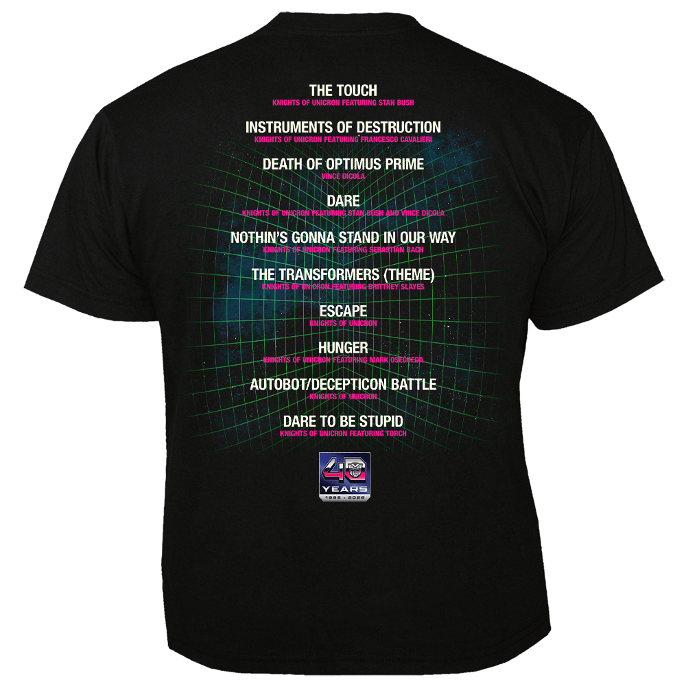 Black t-shirt with text and graphics on the back, featuring a grid pattern and colorful text.