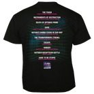 Black t-shirt with text and graphics on the back, featuring a grid pattern and colorful text.