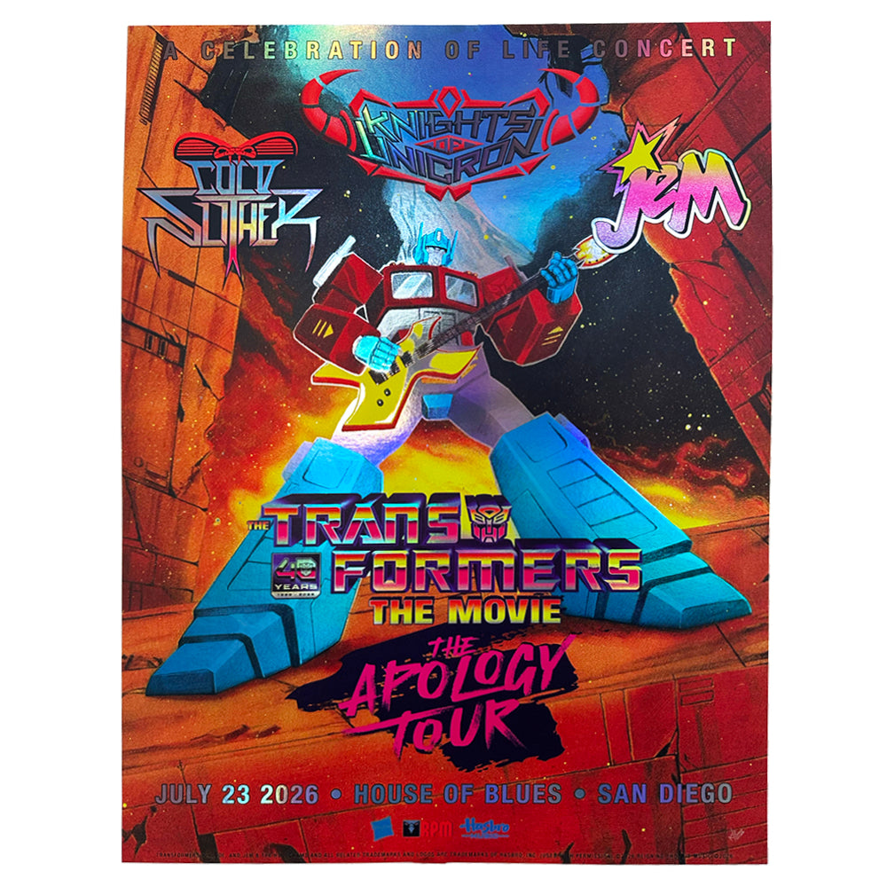 A concert poster for 'Transformers: The Movie - The Apology Tour' featuring a stylized blue and red robot character playing a guitar, with prominent text including 'Cold Slither' and 'JEM'.