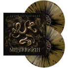 A double vinyl record album with its black cover jacket featuring a golden snake illustration and the title 'MESHUGGAH'. The vinyl records have a marbled, tie-dyed pattern in olive green, gold, and black.