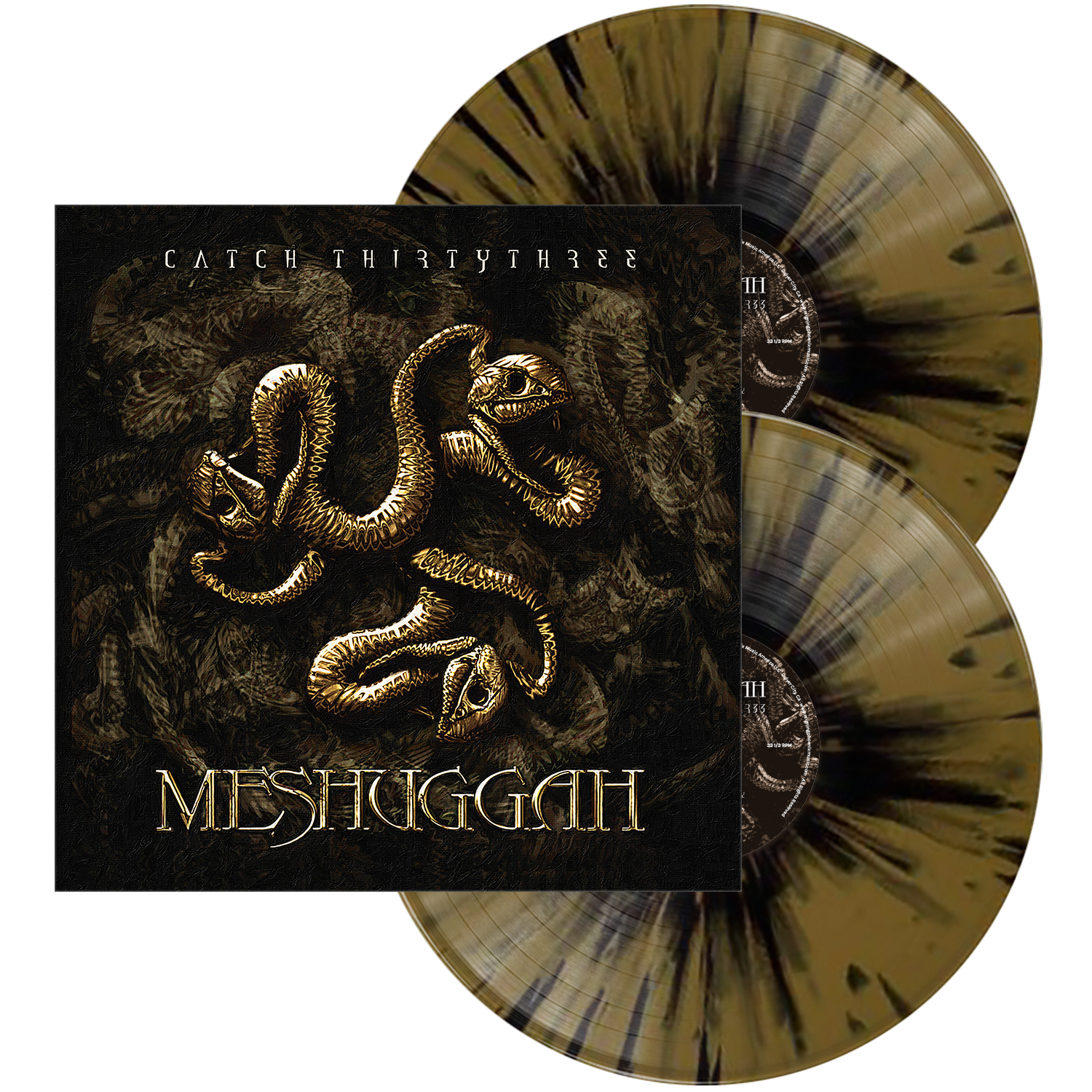 A double vinyl record album with its black cover jacket featuring a golden snake illustration and the title 'MESHUGGAH'. The vinyl records have a marbled, tie-dyed pattern in olive green, gold, and black.