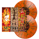 Meshuggah 'Destroy Erase Improve' double vinyl LP cover art, featuring three colored vinyl records with orange, green, and black spiral patterns behind the album cover.