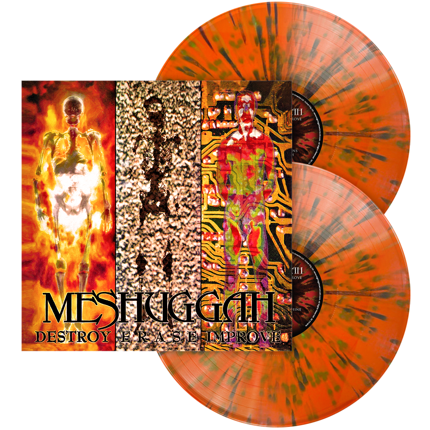 Meshuggah 'Destroy Erase Improve' double vinyl LP cover art, featuring three colored vinyl records with orange, green, and black spiral patterns behind the album cover.